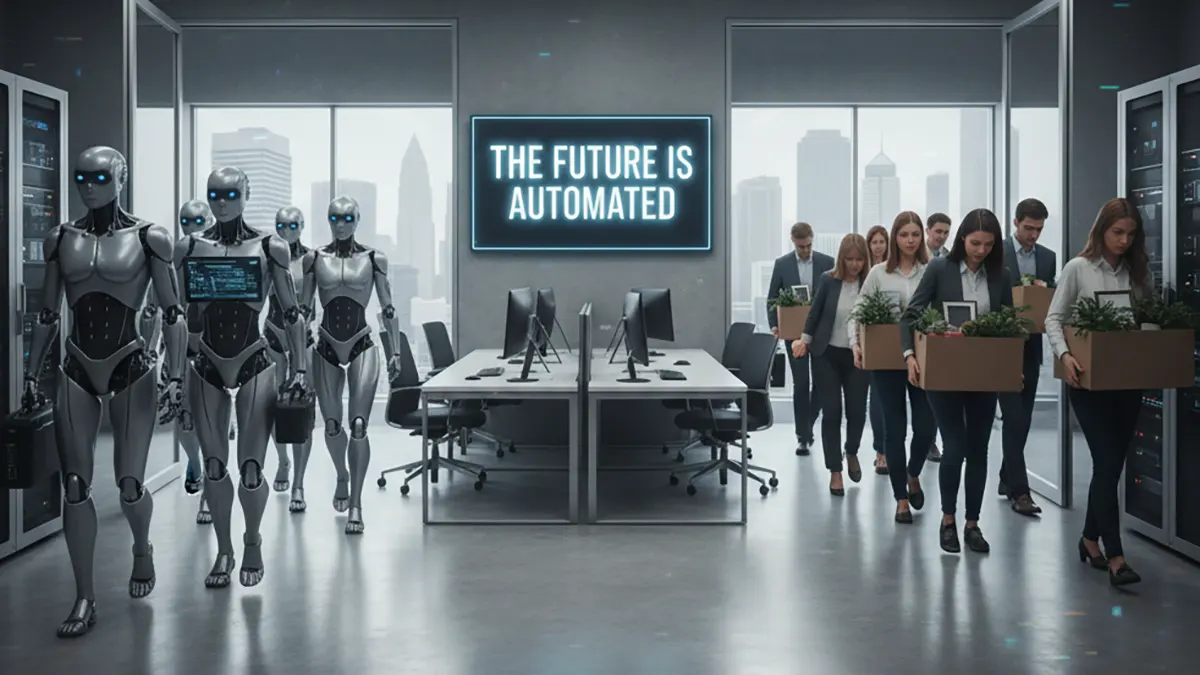 Ein Büro wo Menschen gehen und Roboter kommen